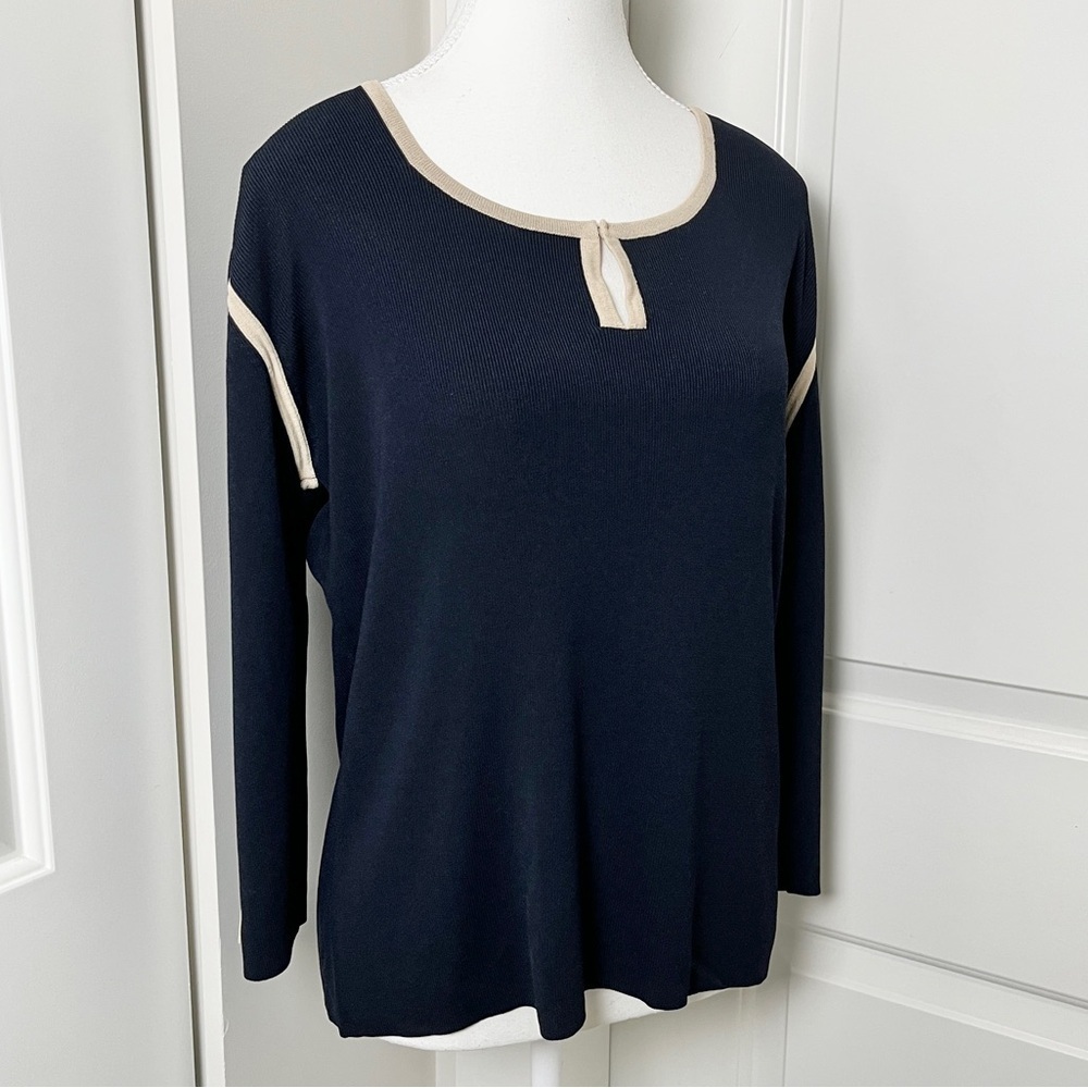 Gerard Pasquier French Brand Knit Blue Cream Scoop Neck Blouse, Size 4/Small